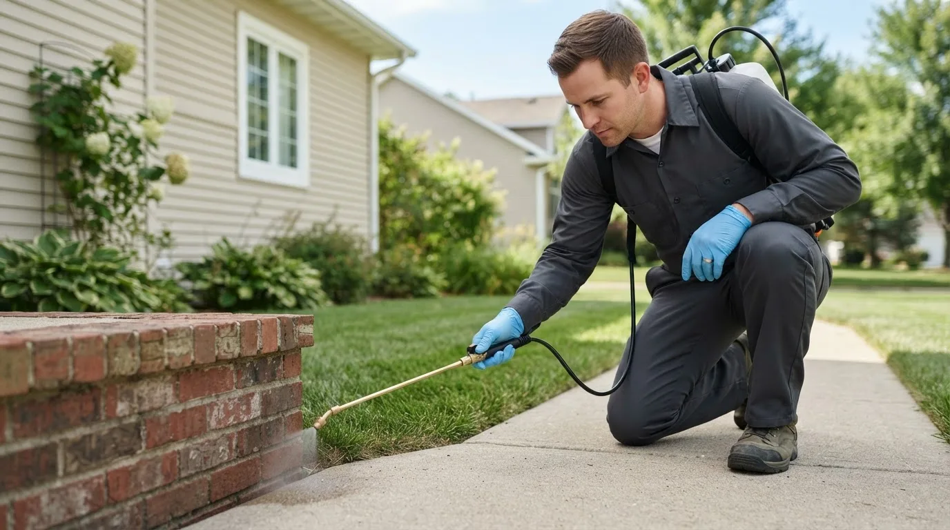 Pest control technician treating a home near Carrollton, MO
